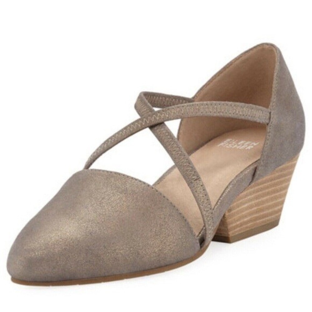 Eileen Fisher Poet Platinum Metallic Suede Crisscross Neutral Heel Shoe Size 6.5